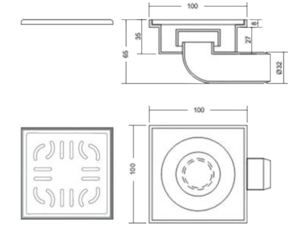 Трап для душа Мини ПП с решеткой нержавеющей 100x100x70 с горизонтальным выпуском D=32mm.